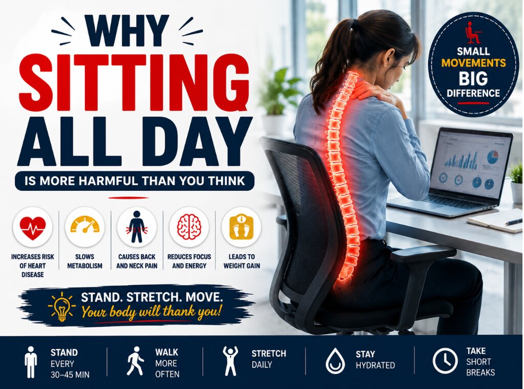 Sitting harms stand, stretch, move main